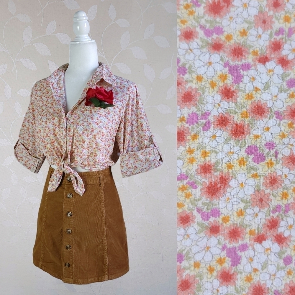 Sandra Ingrish Retro Floral Print Cotton Button Down Collared Shirt Pink M